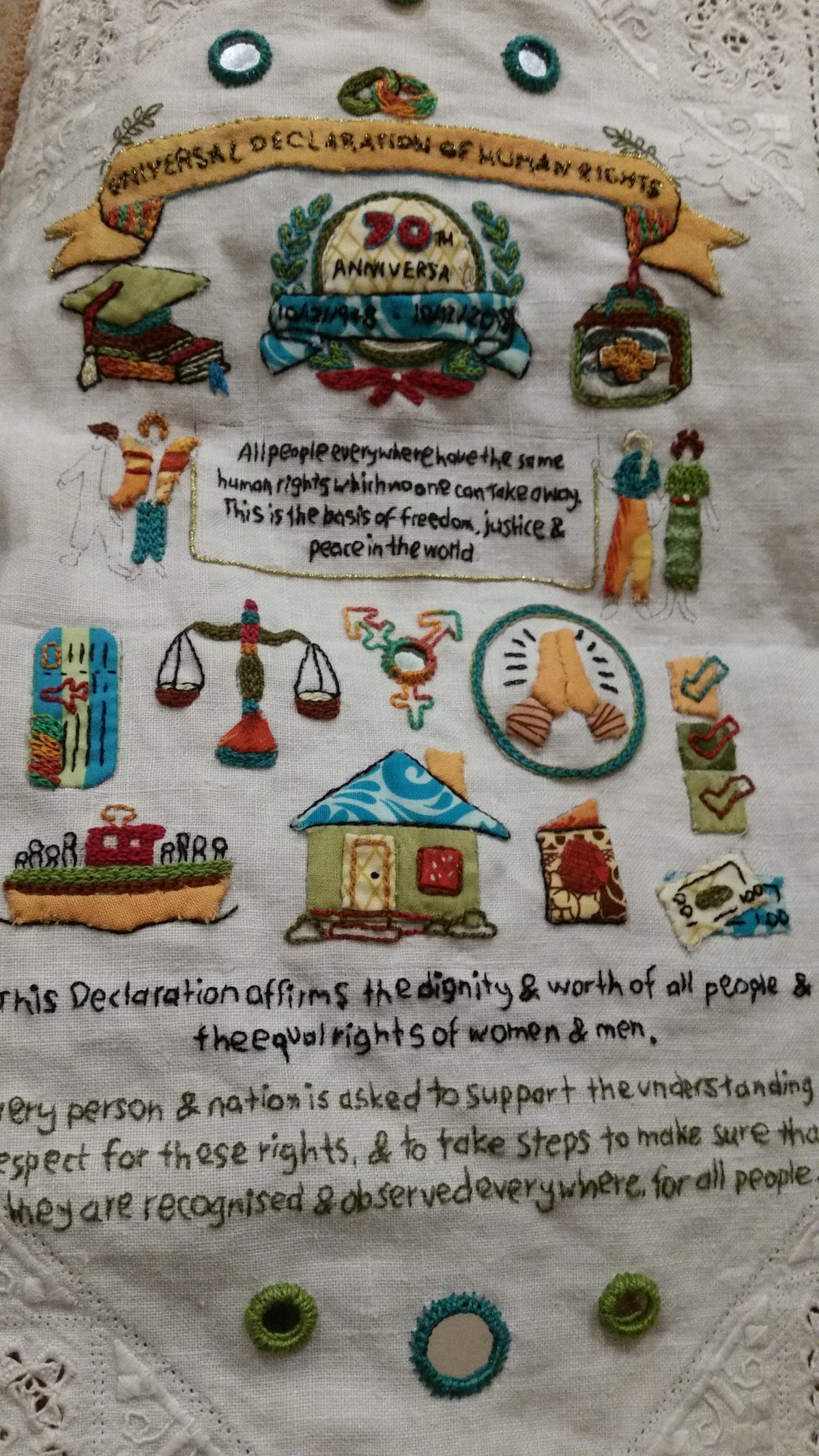 Universal Declaration of Human Rights Embroidery Sampler designed by Rebecca Ray