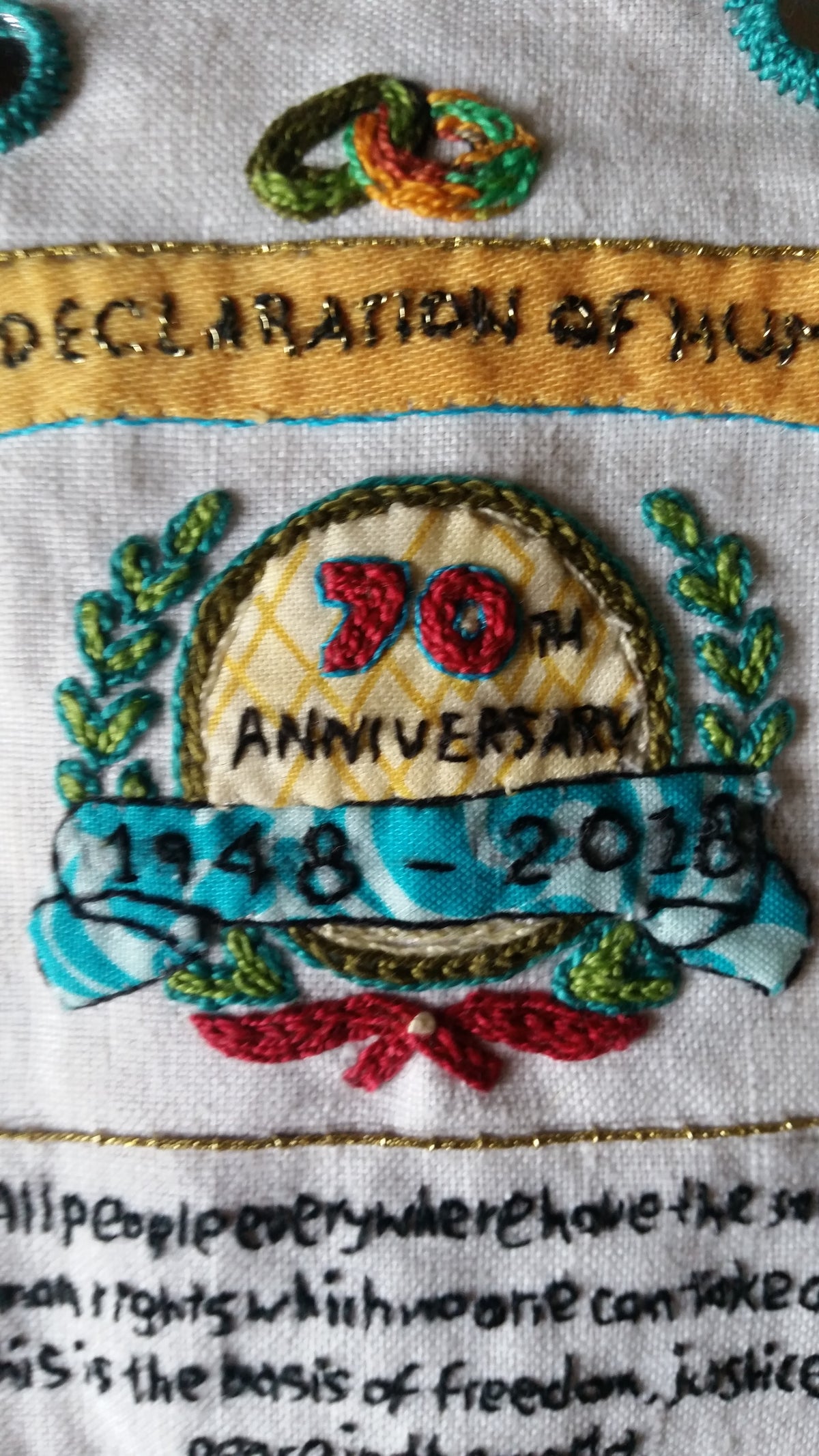 Universal Declaration of Human Rights Embroidery Sampler designed by Rebecca Ray