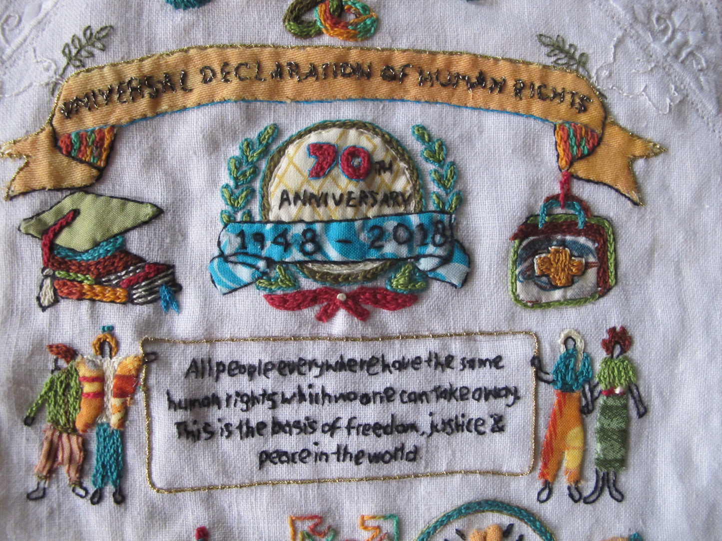 Universal Declaration of Human Rights Embroidery Sampler designed by Rebecca Ray