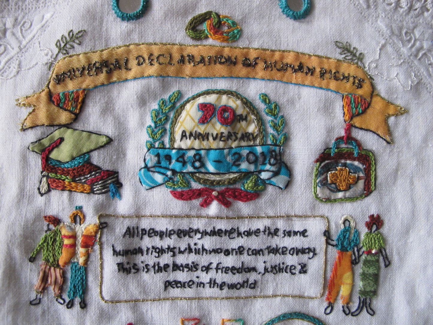 Universal Declaration of Human Rights Embroidery Sampler designed by Rebecca Ray