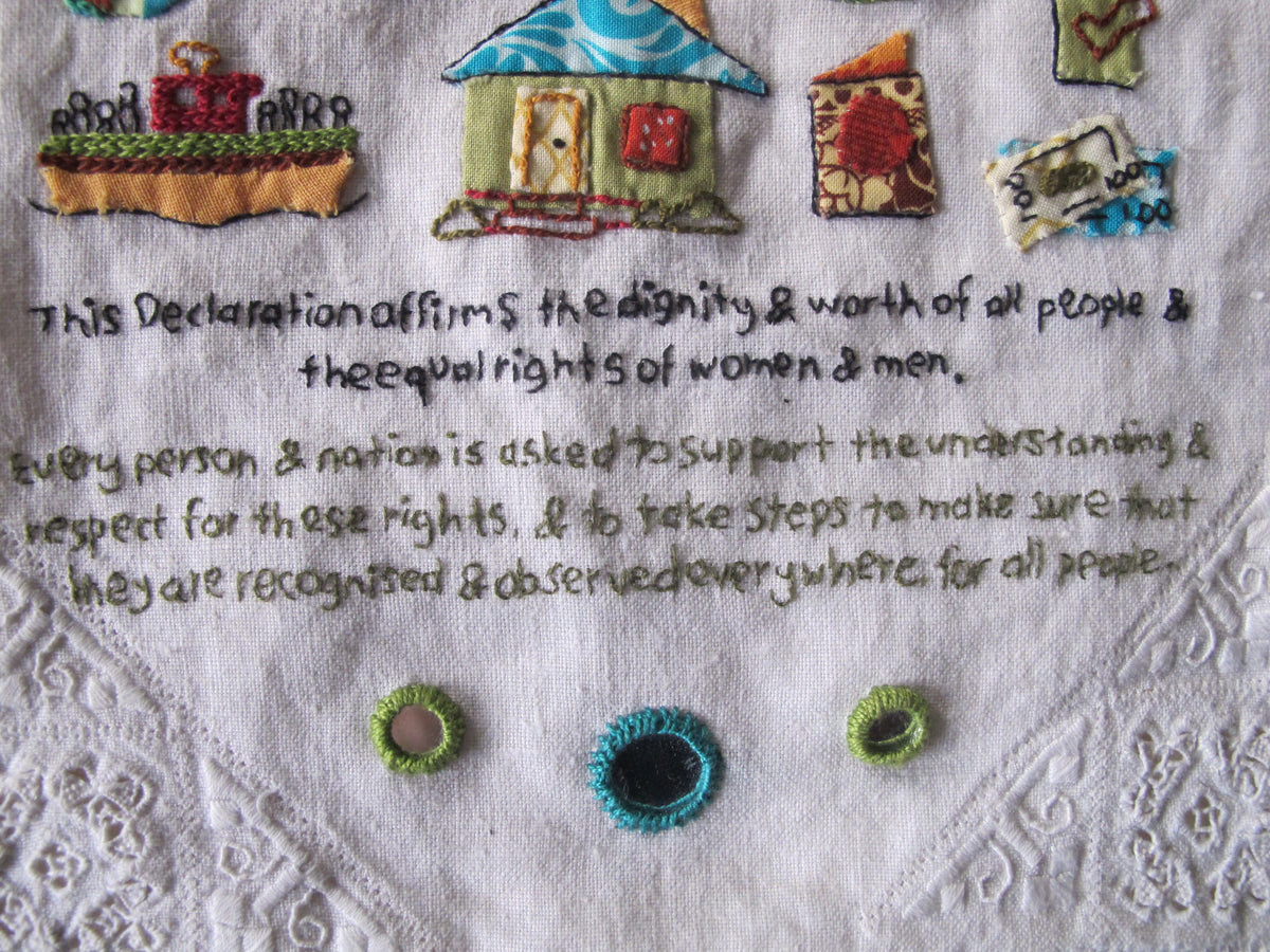 Universal Declaration of Human Rights Embroidery Sampler designed by Rebecca Ray